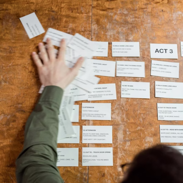 A person arranging storyboard cards on a wooden table for a film script planning session.