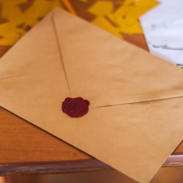 Sobre de papel kraft cerrado con sello de lacre rojo sobre escritorio de madera, rodeado de hojas otoñales amarillas