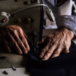 Manos ancianas de sastre cosiendo tela oscura en máquina de coser industrial, detalle del oficio artesanal